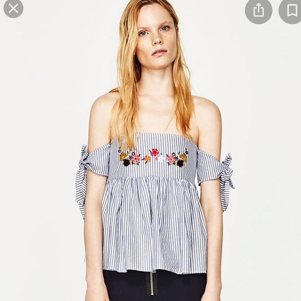 Zara striped embroidered off shoulder tie blouse Sz small